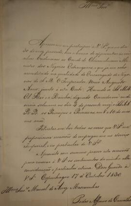 Ofício original enviado por Pedro Affonso de Carvalho, para D. Manuel de Assis Mascarenhas (1805-...