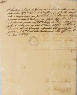 Cópia de despacho de 1º de maio de 1821, de Carlos Frederico de Paula, ministro da Guerra, ao Con...