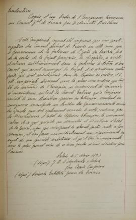 Cópia de uma ordem do imperador, de 5 de março de 1823, transmitida a Jean-Baptiste Maler (s.d.-s...