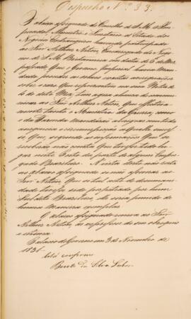 Cópia de despacho expedido pelo Palácio do Governo, com data de 03 de novembro de 1831, comunican...