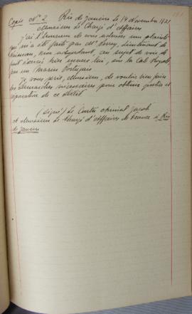 Cópia da carta nº 2, de 14 de novembro de 1821, do contra-almirante Jacob, dirigida a Jean-Baptis...