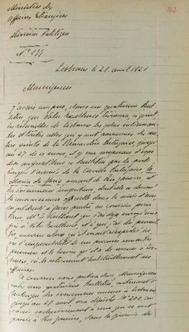 Despacho enviado por Lemps para Étienne Denis Pasquier (1767-1862), em 28 de abril de 1821, comun...