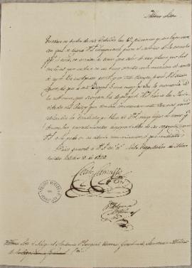 Carta de 2 de outubro de 1822, enviada por Carlos Camusso a Miguel Antônio Flangini (s.d), agrade...