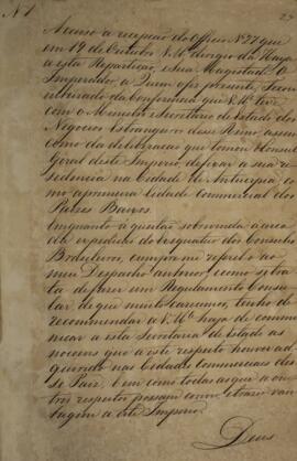 Cópia de despacho n.1 enviado por João Carlos Augusto de Oyenhausen-Gravenburg (1776-1838), Marqu...