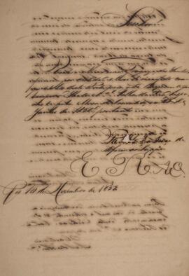 Petição original assinada por Antônio Augusto de Almeida (1838 - 1919), com data de 10 de dezembro de 1859, solicitando a certidão de manifesto do porto emitido pela Mesa do Consulado para o palhabote Velha de Diu em 28 de junho de 1850. Contém anexo com cópia da certidão com a permissão de viagem e cópia do recibo de pagamento da emissão da certidão.