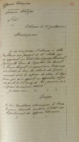 Ofício enviado por Lemps para Étienne Denis Pasquier (1767-1862), Barão de Pasquier em 18 de julh...
