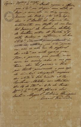 Cópia de ofício de 14 de setembro de 1822, de Miguel Antônio Flangini (s.d) para Álvaro da Costa ...
