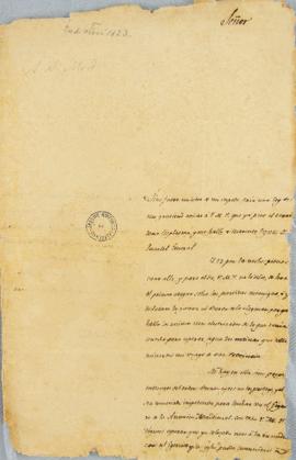 Ofício de 20 de fevereiro de 1823, enviada por Lucas José Obes (1782-1838) para D. Pedro I, relat...