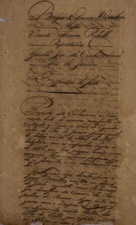 Requerimento original datado de 22 de outubro de 1829 e produzido por Diogo Soares da Silva B. (s.d.) em nome de Geraldo José da Cunha e Irmão, dirigido ao governo do Império do Brasil. Descreve a captura do brigue “Voador” pelo brigue de guerra inglês “Clinker” no ano de 1828 e sua condenação em Serra Leoa, além de reclamar a intervenção do governo brasileiro para que os requerentes sejam indenizados pelos prejuízos sofridos. Contém anexo.