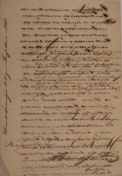 Petição original com data de 15 de fevereiro de 1860, escrita por Antonio de Souza Ribeiro, solicitando a certidão dos direitos de ancoragem pagos para o brigue Leopoldina. Contém anexo.