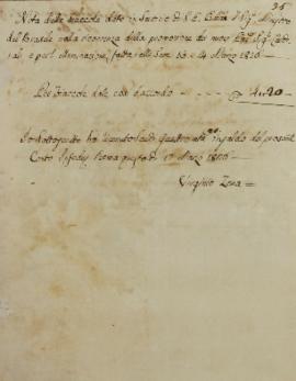 Nota nº 35 informando o valor de tochas em serviço de Francisco Corrêa Vidigal (s.d-1838), datado...