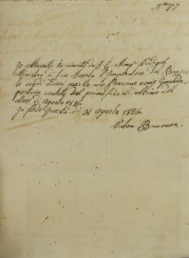 Ofício de Victor Brunner, enviado em 31 agostos de 1826, informando sobre as despesas do Monsenho...