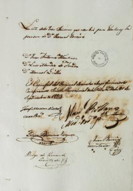 Lista de 21 de setembro de 1823 contendo os nomes dos eleitores da Vila de Melo: Juan Antonio Mar...