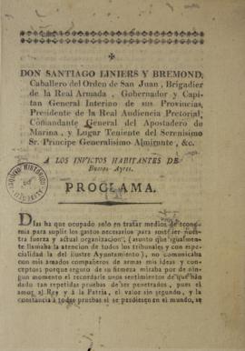 Proclamação de 13 de fevereiro de 1808 de Santiago de Liniers (1753-1810) falando sobre uma possí...