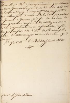 Despacho original enviado para Antônio José da Silva Loureiro (1790-1848), com data de 12 de jane...