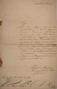 Certidão original com data de 2 de abril de 1845, no qual se registra a solicitação feita por Manoel Pinto da Fonseca ao imperador do Brasil, pedindo o envio das certidões referentes aos navios despachados para a costa da África, sendo ele proprietário ou consignatário.