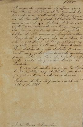 Minuta de  nota diplomática que informa o recebimento de documento de 03 de abril de 1828 emitida...