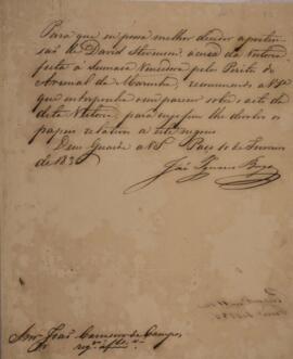 Aviso original datado de 10 de fevereiro de 1836 e enviado por José Inácio Borges (1770-1838) para João Carneiro de Campos (s.d.), discorrendo sobre o pedido de vistoria da Sumaca “Vencedora” pelos peritos do Arsenal da Marinha.