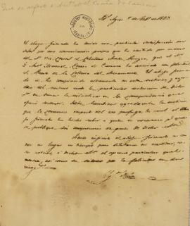 Carta de 5 de fevereiro de 1823, assinada por Ignácio Nuñes, sobre a chegada de Antônio Manoel Co...