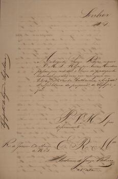 Petição original com data de 1º de março de 1860, escrita por Antonio de Souza Ribeiro, solicitando certidão de passaporte imperial de 1847 para o brigue Leopoldina. Contém anexo.