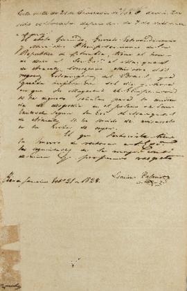 Despacho de Leandro Palácios (1782-1836) ao Marquês de Aracaty (s.d.-1838), enviado em 21 de feve...