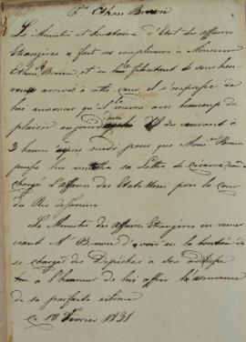 Minuta de carta de 18 de fevereiro de 1831, do ministro e secretário de Estado dos negócios estra...