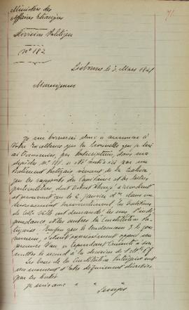 Carta de 3 de março de 1821, assinada por Lenneps, na qual acusa o recebimento do último despacho...