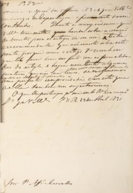 Despacho original enviado para Pedro Affonso de Carvalho, com data de 22 de abril de 1831, acusan...
