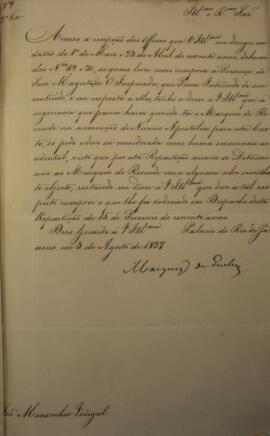 Ofício original, enviado por João Severiano Maciel da Costa (1769-1833), Marquês de Queluz, ao Mo...
