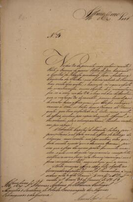 Aviso original escrito por Manoel Ignacio de Sampaio (1778 - 1856), com data de 31 de janeiro de 1819, expedido para Thomas Antonio de Villanova Portugal (1755 - 1839), ministro e secretário dos Negócios Estrangeiros e da Guerra, acusando a chegada da escuna Velha de Diu no porto do Ceará e os objetos contidos. Acusa o envio de uma cópia do ofício do capitão da escuna José Antonio Caminha da Rocha. Contém anexo.