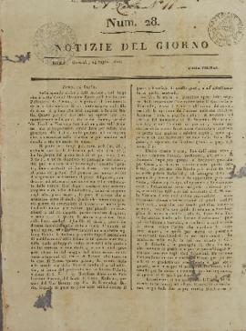 Edição de Notizie Del Giorno nº 28, de 14 de julho de 1825, que traz um artigo sobre o Rio de Jan...