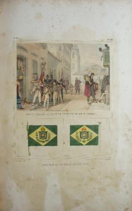Ilustração representando uma folia de rua em homenagem a D. Pedro I e ilustração das bandeiras e ...
