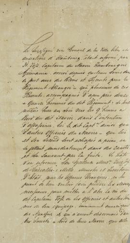 Nota a Luís José de Carvalho e Mello (1764-1826)  informando que H. Voys, capitão do Navio Hambur...