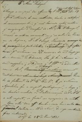 Despacho enviado ao Francisco Corrêa Vidigal (s.d-1838) em 25 de fevereiro de 1831. Acusa a recep...