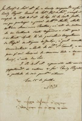 Minuta de 15 de julho de [1823], de José Bonifácio de Andrada e Silva (1763-1838), conselheiro de...
