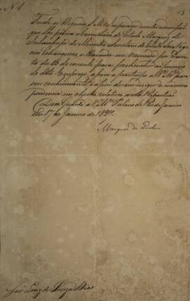 Cópia de despacho n.1 enviado por João Severiano Maciel da Costa (1769-1833), Marquês de Queluz, ...