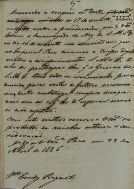 Minuta de despacho de 22 de abril de 1826, endereçada a Condy Raguet (1784-1842), Cônsul dos Esta...