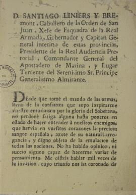 Proclamação de 18 de fevereiro de 1808 de Santiago de Liniers (1753-1810) em que enaltece a vitór...