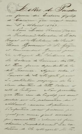Carta de Perdão do Governador da Guiana Francesa Louis Thomas Jacau de Fiedmond (1723 - 1788) em ...