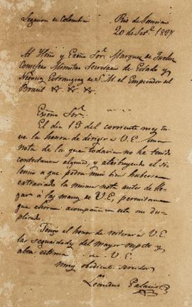 Legação de Leandro Palácios (1782-1836) ao Marquês de Queluz (1769-1833), enviado em 20 de setemb...