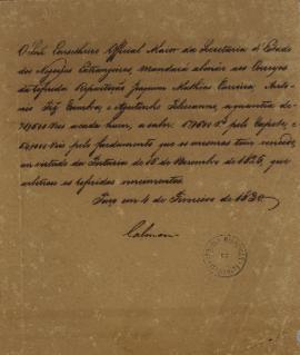 Despacho enviado por Miguel Calmon Du Pin (1794-1865),  em 04 de fevereiro de 1830, informando qu...