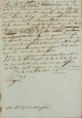 Minuta de 5 de setembro de 1830, endereçada a William Henry DeCourcy Wright, cônsul dos Estados U...