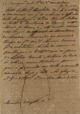 Despacho enviado pelo Monsenhor Francisco Corrêa Vidigal (s.d-1838) em 18 de maio de 1826, diz qu...