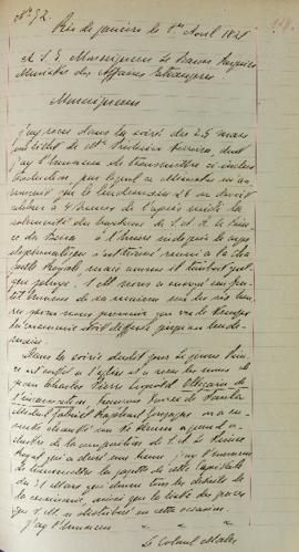 Despacho enviado pelo cônsul Malu ao Barão de Pasquier (1767-1862), em 01 de abril de 1821, infor...