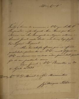 Ofício original enviado por José Marques Lisboa, para D. Manoel de Assis Mascarenhas (1805-1867),...