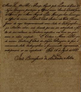 Despacho de José Bonifácio de Andrada e Silva (1763-1838) a Simeão Estellita Gomes da Fonseca, of...