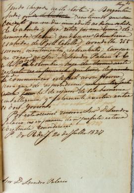 Minuta de 20 de julho de 1827, endereçada a Leandro Palácio, enviado extraordinário e ministro pl...