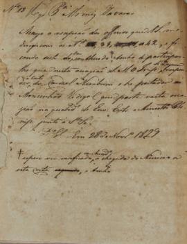 Despacho enviado ao Francisco Muniz Tavares (1793-1876) em 28 de novembro de 1829 com resposta da...