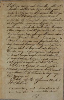 Minuta de despacho de 28 de abril de 1827, do conselheiro, ministro e secretário de Estado dos ne...