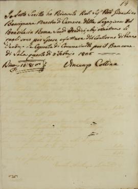 Protocolo enviado por Vicenzo Collina,  em 3 de fevereiro de 1826, documento de nº 19, com a rela...